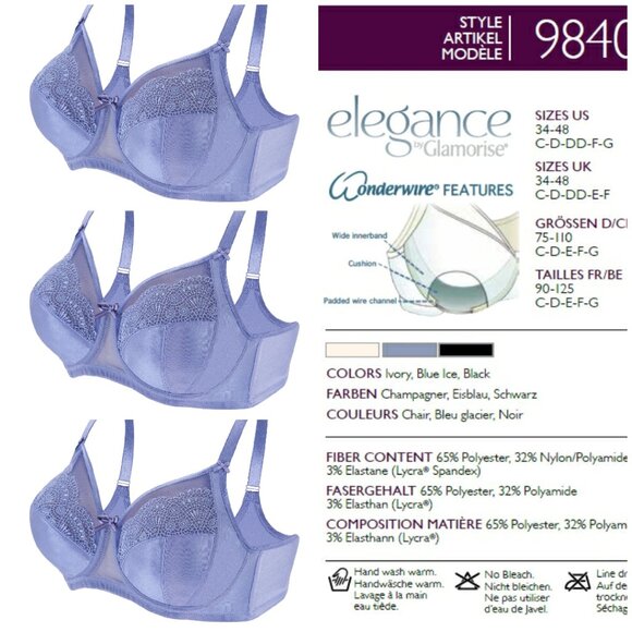 Set of 3! 36C Glamorise ELEGANCE Bra (UNDERWIRED) Lace STRETCH-STRAPS BLUE NEW - Picture 1 of 16
